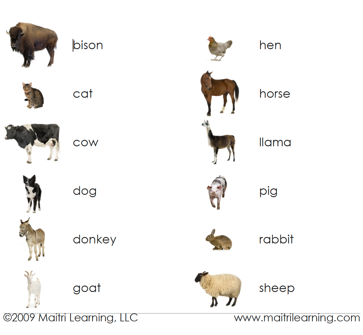 Imperfect Spanish Farm Animals (Adult) 3-Part Cards - Maitri Learning