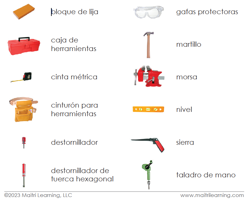 Spanish The Child's Tools 3-Part Cards - Maitri Learning