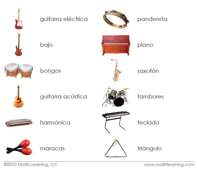 Imperfect Spanish Popular Instruments 3-Part Cards - Maitri Learning