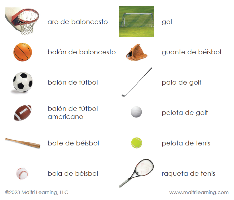 Imperfect Spanish Sports Equipment 3-Part Cards - Maitri Learning