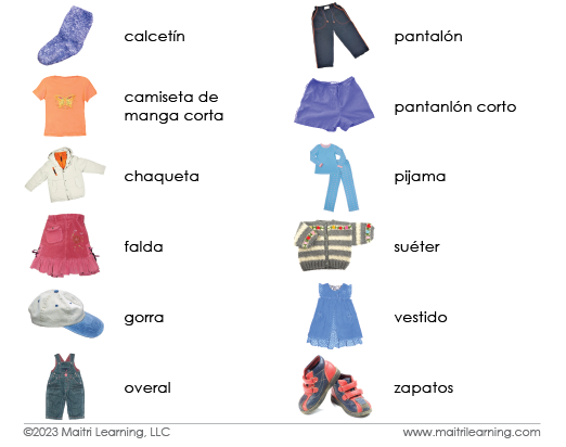 Spanish Clothing 3-Part Cards - Maitri Learning
