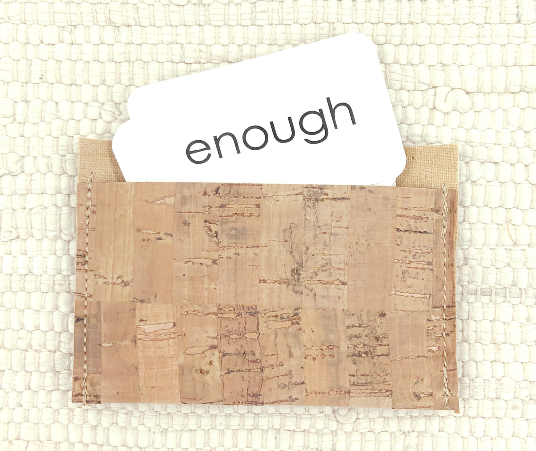 small cork pouch with puzzle word cards